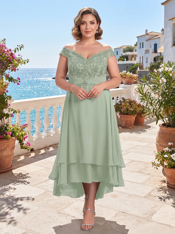 Plus Size Chiffon A-Line/Princess Off Shoulder High-Low Mother of the Bride & Groom Dresses with Lace Bodice