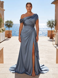 Plus Size Satin Sheath/Column Off Shoulder Floor-Length Mother of the Bride & Groom Dresses with Ruched Waist & Slit