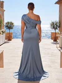 Plus Size Satin Sheath/Column Off Shoulder Floor-Length Mother of the Bride & Groom Dresses with Ruched Waist & Slit