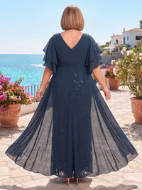 Plus Size Sequin Floral Sheath/Column V-Neck Floor-Length Mother of the Bride & Groom Dresses with Chiffon Ruffles