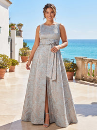 Plus Size Jacquard A-Line/Princess Scoop Neck Floor-Length Mother of the Bride & Groom Dresses with Belt & Slit