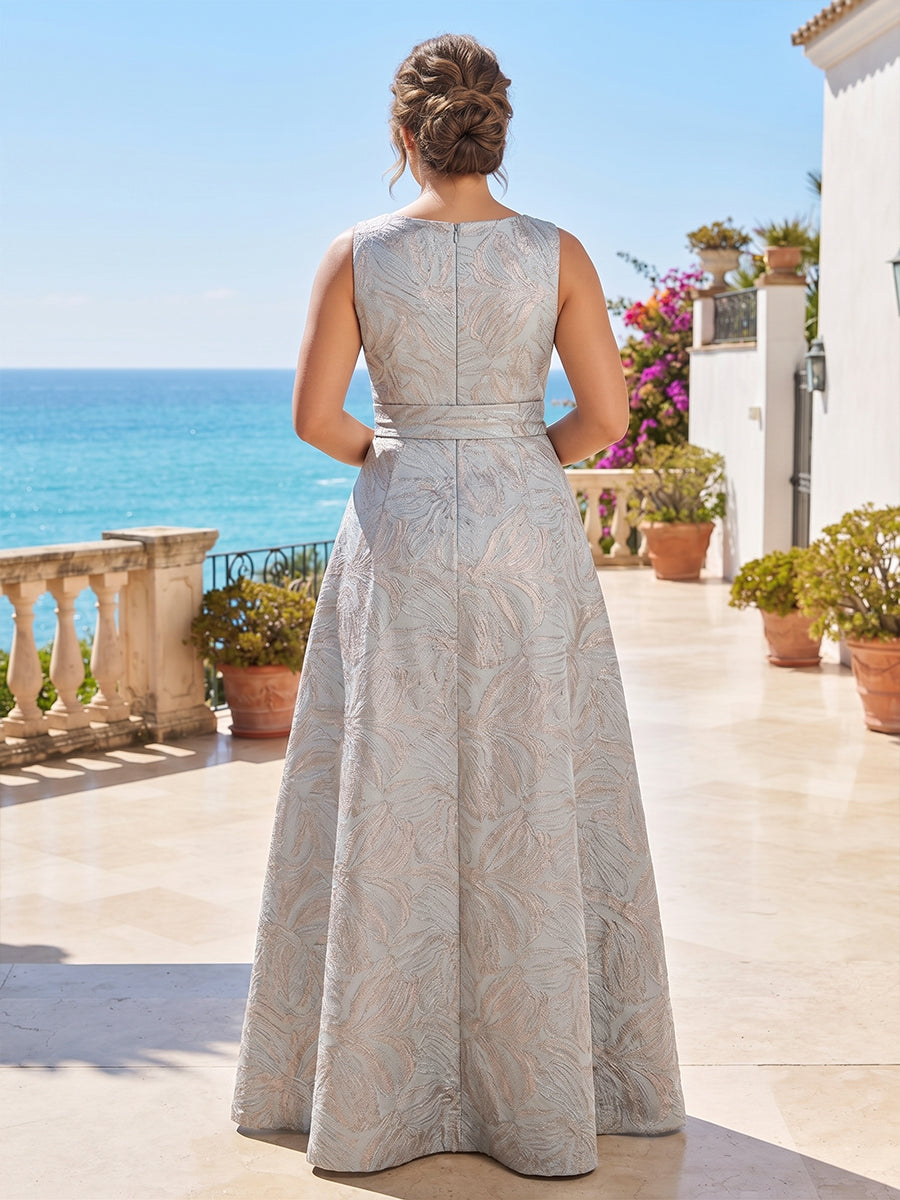 Plus Size Jacquard A-Line/Princess Scoop Neck Floor-Length Mother of the Bride & Groom Dresses with Belt & Slit