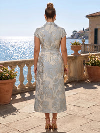 Plus Size Jacquard Sheath/Column V-Neck Tea-Length Mother of the Bride & Groom Dresses with Belt