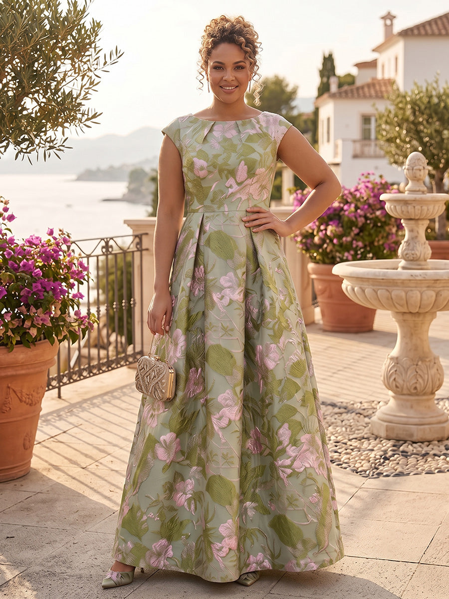 Plus Size Jacquard A-Line/Princess Scoop Neck Floor-Length Mother of the Bride & Groom Dresses with Pleats