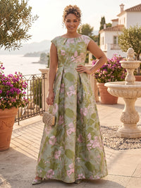 Plus Size Jacquard A-Line/Princess Scoop Neck Floor-Length Mother of the Bride & Groom Dresses with Pleats