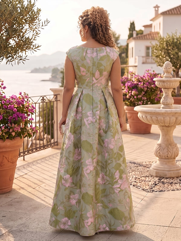 Plus Size Jacquard A-Line/Princess Scoop Neck Floor-Length Mother of the Bride & Groom Dresses with Pleats