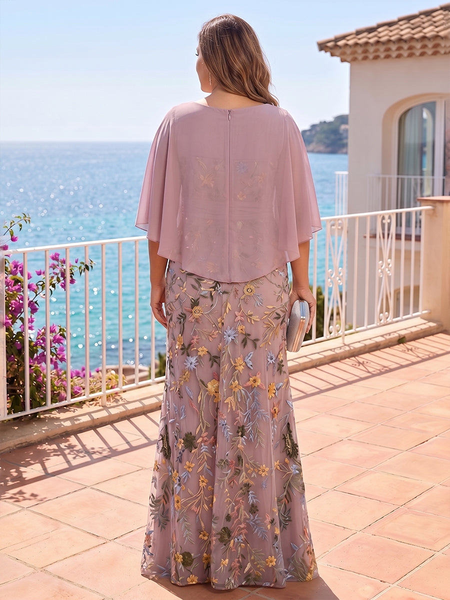 Plus Size Lace Embroidery A-Line/Princess Scoop Neck Floor-Length Mother of the Bride & Groom Dresses with Chiffon Cape
