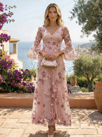 Tulle A-Line/Princess V-Neck Maxi Mother of the Bride & Groom Dresses with 3D Flowers