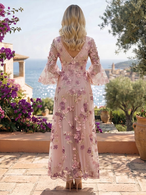 Tulle A-Line/Princess V-Neck Maxi Mother of the Bride & Groom Dresses with 3D Flowers