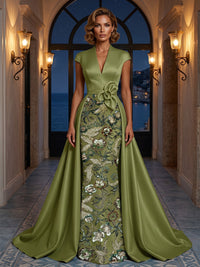 Sequin Floral Sheath/Column V-Neck Maxi Mother of the Bride & Groom Dresses with Satin Sweep Train