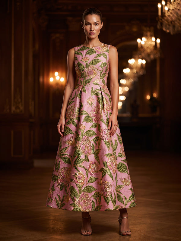 Jacquard A-Line/Princess Scoop Neck Tea-Length Mother of the Bride & Groom Dresses with Ruched Waist