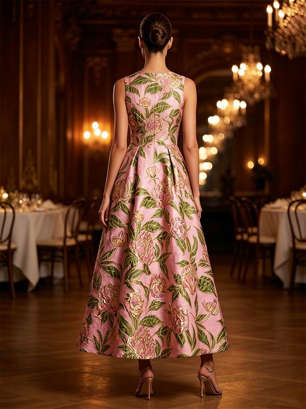 Jacquard A-Line/Princess Scoop Neck Tea-Length Mother of the Bride & Groom Dresses with Ruched Waist