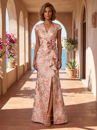 Jacquard Sheath/Column V-Neck Maxi Mother of the Bride & Groom Dresses with Ruffles & Slit