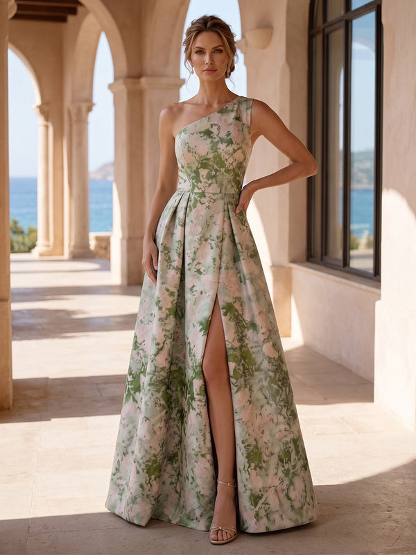 Jacquard A-Line/Princess One Shoulder Maxi Mother of the Bride & Groom Dresses with Ruched Waist & Slit