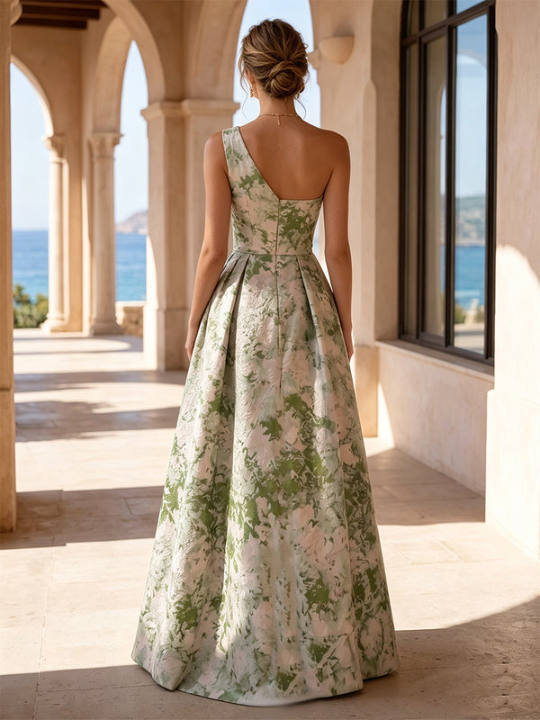 Jacquard A-Line/Princess One Shoulder Maxi Mother of the Bride & Groom Dresses with Ruched Waist & Slit