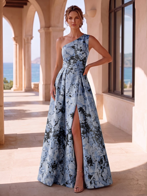 Jacquard A-Line/Princess One Shoulder Maxi Mother of the Bride & Groom Dresses with Ruched Waist & Slit