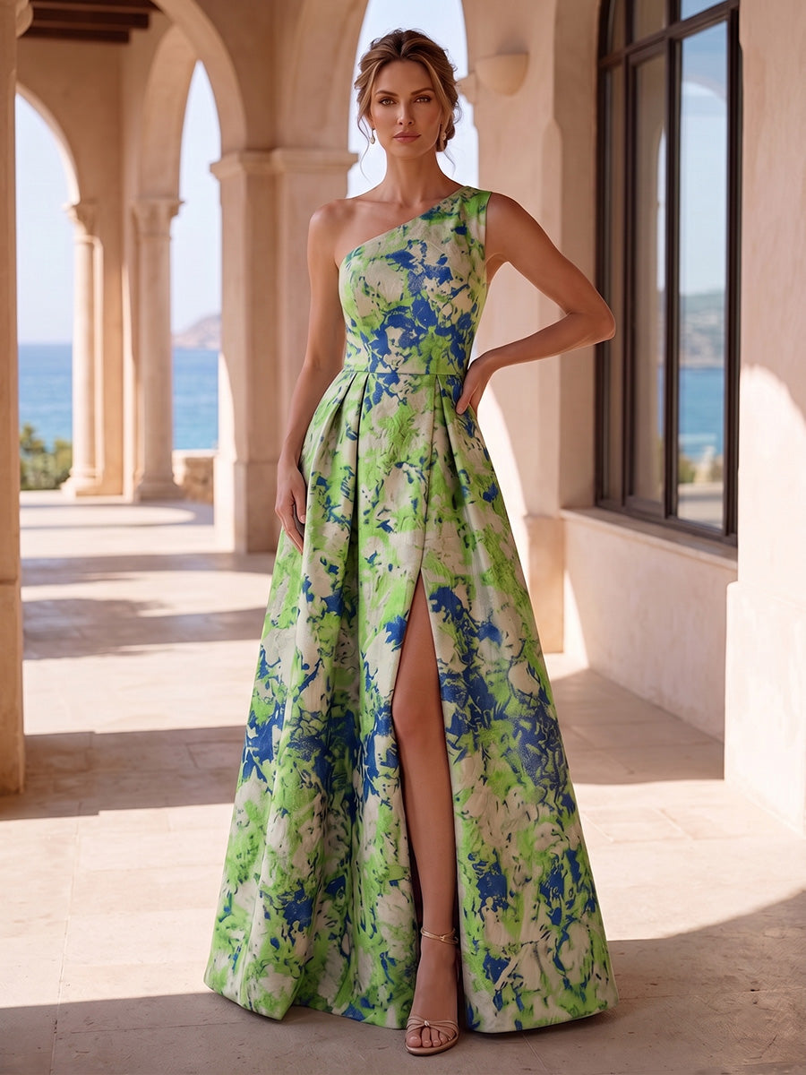 Jacquard A-Line/Princess One Shoulder Maxi Mother of the Bride & Groom Dresses with Ruched Waist & Slit