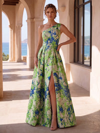 Jacquard A-Line/Princess One Shoulder Maxi Mother of the Bride & Groom Dresses with Ruched Waist & Slit