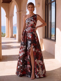 Jacquard A-Line/Princess One Shoulder Maxi Mother of the Bride & Groom Dresses with Ruched Waist & Slit