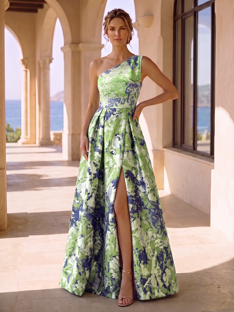 Jacquard A-Line/Princess One Shoulder Maxi Mother of the Bride & Groom Dresses with Ruched Waist & Slit