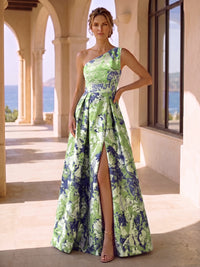 Jacquard A-Line/Princess One Shoulder Maxi Mother of the Bride & Groom Dresses with Ruched Waist & Slit