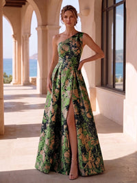 Jacquard A-Line/Princess One Shoulder Maxi Mother of the Bride & Groom Dresses with Ruched Waist & Slit
