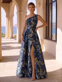 Jacquard A-Line/Princess One Shoulder Maxi Mother of the Bride & Groom Dresses with Ruched Waist & Slit