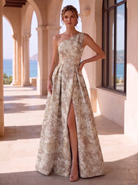 Jacquard A-Line/Princess One Shoulder Maxi Mother of the Bride & Groom Dresses with Ruched Waist & Slit