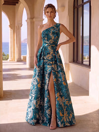 Jacquard A-Line/Princess One Shoulder Maxi Mother of the Bride & Groom Dresses with Ruched Waist & Slit