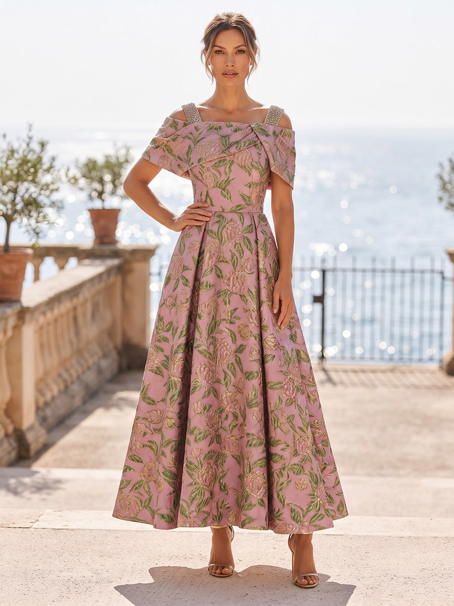 Jacquard A-Line/Princess Off Shoulder Tea-Length Mother of the Bride & Groom Dresses with Pleats