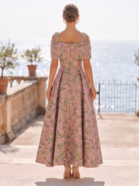 Jacquard A-Line/Princess Off Shoulder Tea-Length Mother of the Bride & Groom Dresses with Pleats