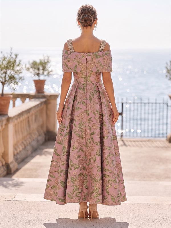 Jacquard A-Line/Princess Off Shoulder Tea-Length Mother of the Bride & Groom Dresses with Pleats
