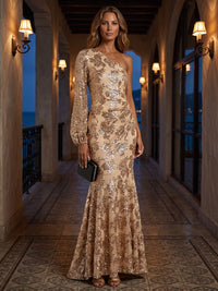Sequin Floral Mermaid/Trumpet One Shoulder Floor-Length Mother of the Bride & Groom Dresses with Pleats