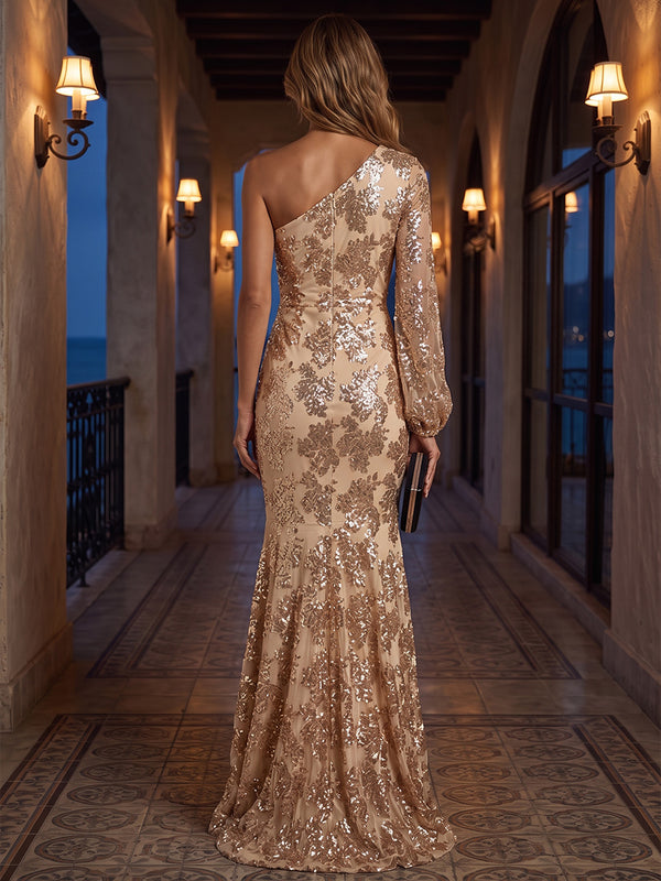 Sequin Floral Mermaid/Trumpet One Shoulder Floor-Length Mother of the Bride & Groom Dresses with Pleats
