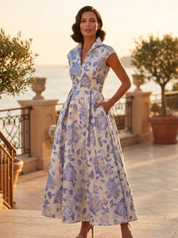 Jacquard A-Line/Princess V-Neck Tea-Length Mother of the Bride & Groom Dresses with Ruched Waist & Pockets