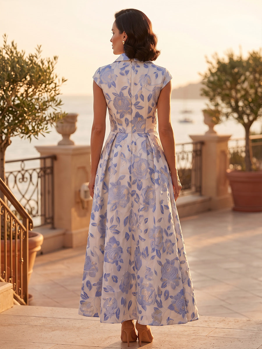 Jacquard A-Line/Princess V-Neck Tea-Length Mother of the Bride & Groom Dresses with Ruched Waist & Pockets