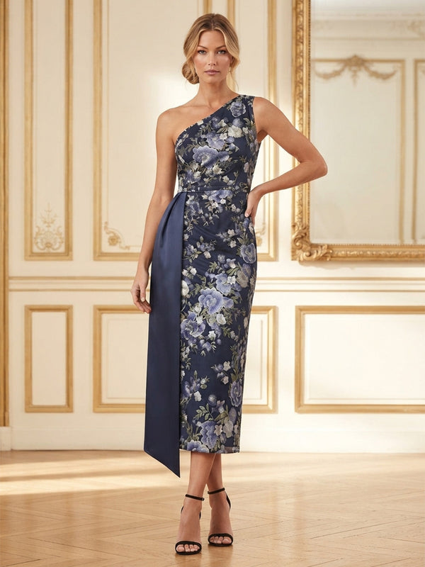 Floral Embroidery Sheath/Column One Shoulder Tea-Length Mother of the Bride & Groom Dresses with Side Draped Sash