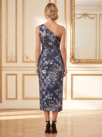 Floral Embroidery Sheath/Column One Shoulder Tea-Length Mother of the Bride & Groom Dresses with Side Draped Sash