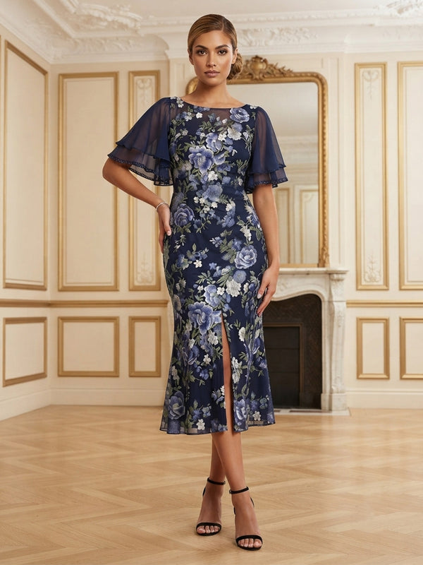 Floral Embroidery Mermaid/Trumpet Scoop Neck Tea-Length Mother of the Bride & Groom Dresses with Slit
