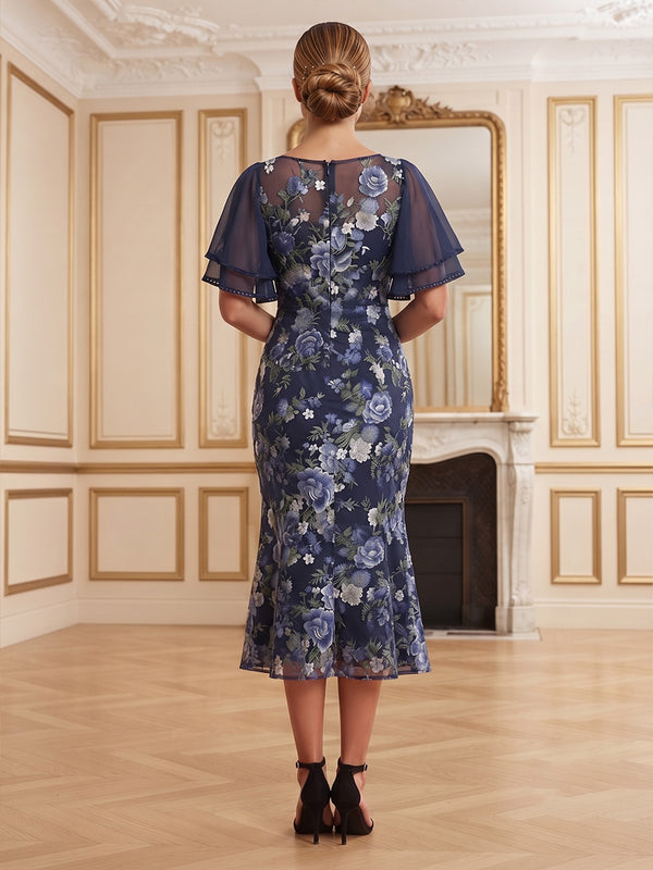 Floral Embroidery Mermaid/Trumpet Scoop Neck Tea-Length Mother of the Bride & Groom Dresses with Slit