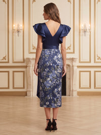 Floral Embroidery Sheath/Column V-Neck Tea-Length Mother of the Bride & Groom Dresses with Ruffles & Slit