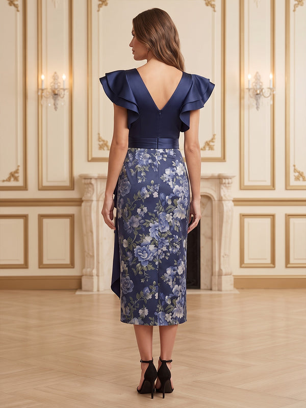 Floral Embroidery Sheath/Column V-Neck Tea-Length Mother of the Bride & Groom Dresses with Ruffles & Slit