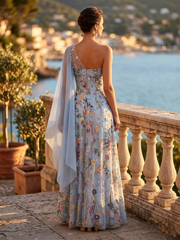 Floral Embroidery A-Line/Princess One Shoulder Floor-Length Mother of the Bride & Groom Dresses for Women
