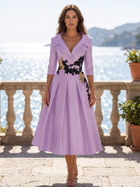 Satin A-Line/Princess V-Neck Tea-Length Mother of the Bride & Groom Dresses with Pleats