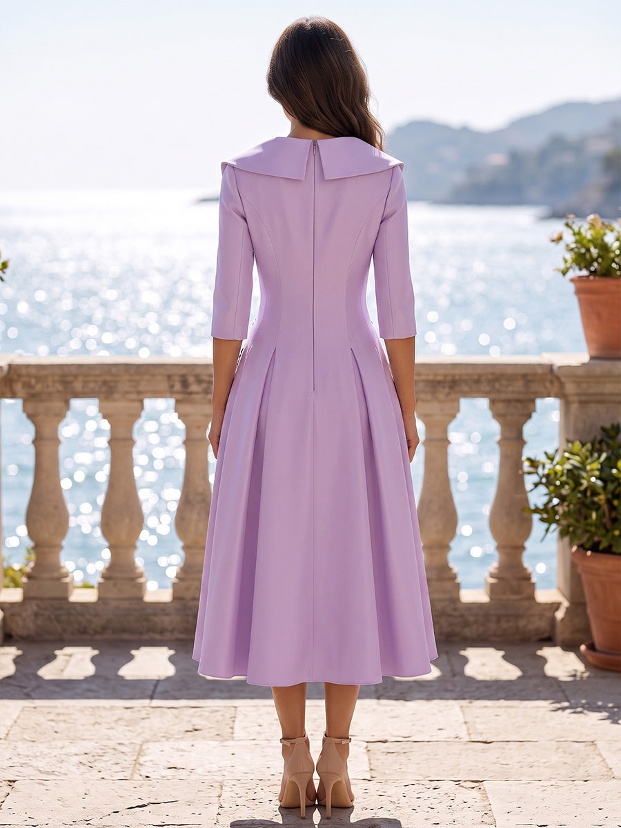 Satin A-Line/Princess V-Neck Tea-Length Mother of the Bride & Groom Dresses with Pleats