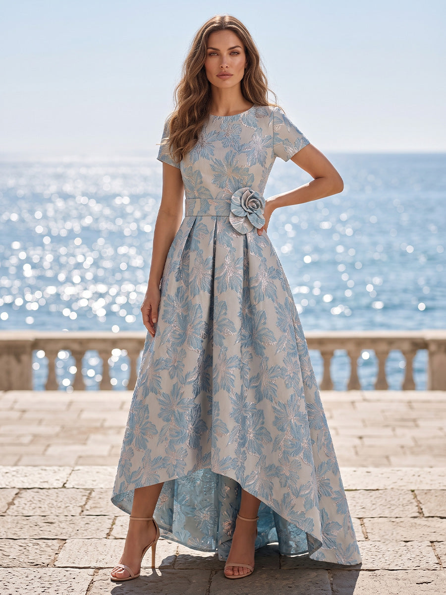 Jacquard A-Line/Princess Scoop Neck High-Low Mother of the Bride & Groom Dresses with Pleats