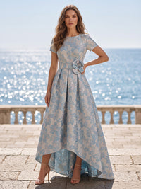Jacquard A-Line/Princess Scoop Neck High-Low Mother of the Bride & Groom Dresses with Pleats