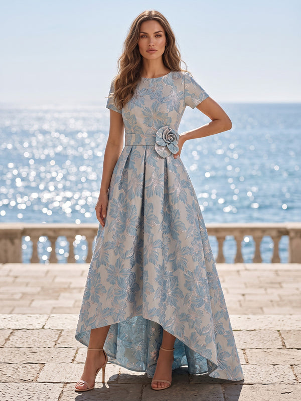 Jacquard A-Line/Princess Scoop Neck High-Low Mother of the Bride & Groom Dresses with Pleats