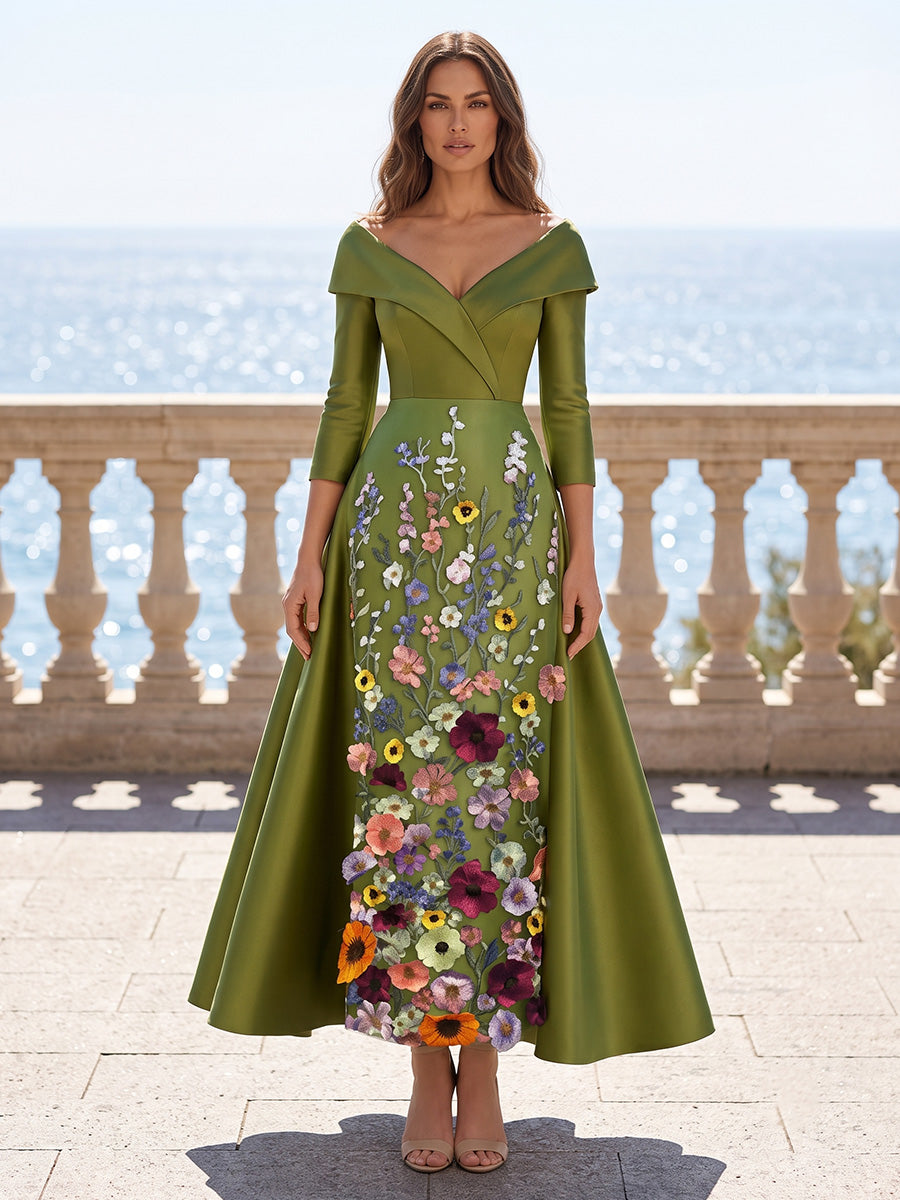 Satin A-Line/Princess Off Shoulder Tea-Length Mother of the Bride & Groom Dresses with Floral Embroidery