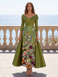 Satin A-Line/Princess Off Shoulder Tea-Length Mother of the Bride & Groom Dresses with Floral Embroidery